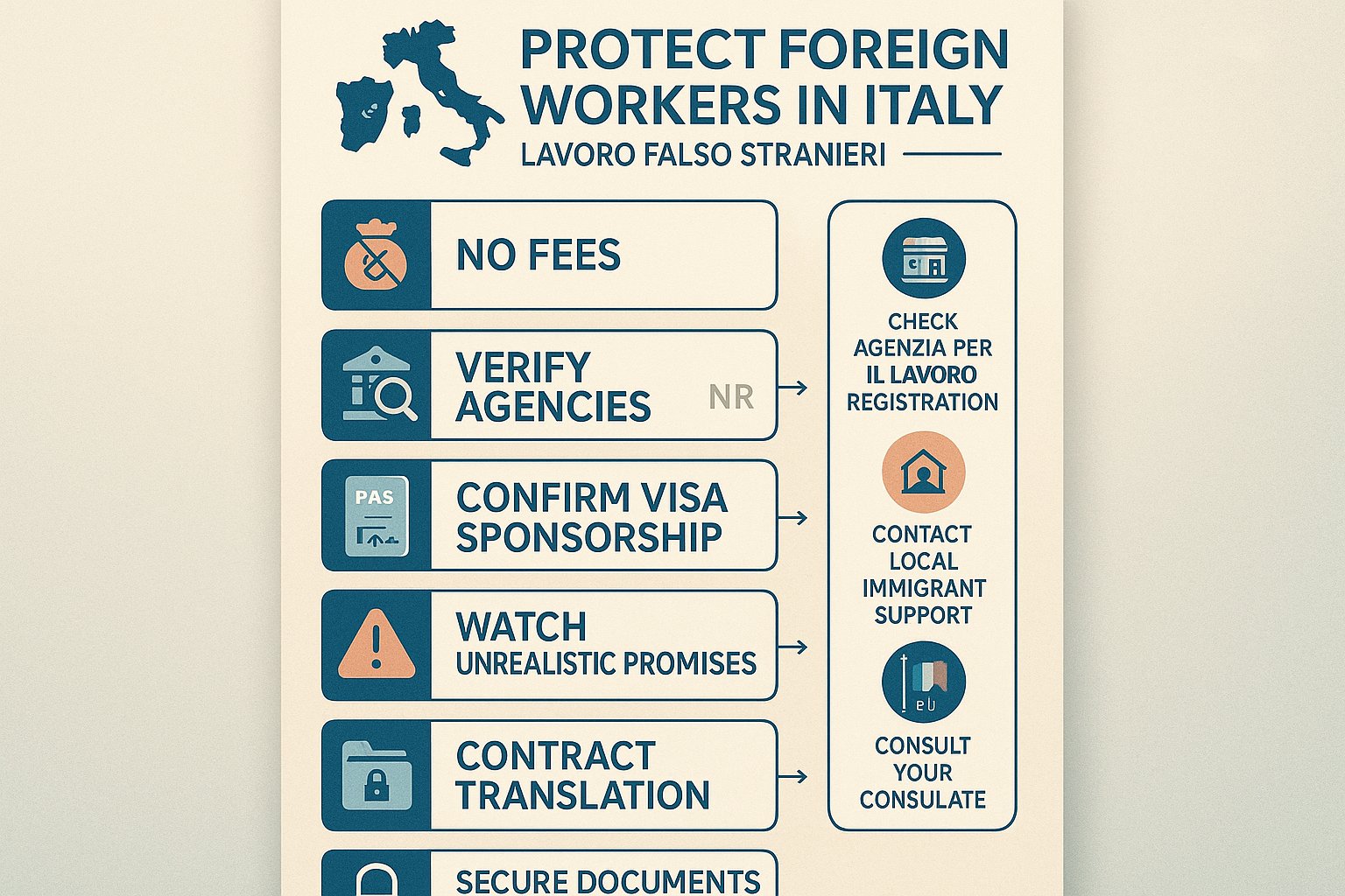 Infografica checklist che mostra i passi per i lavoratori stranieri per evitare truffe del lavoro in Italia.
