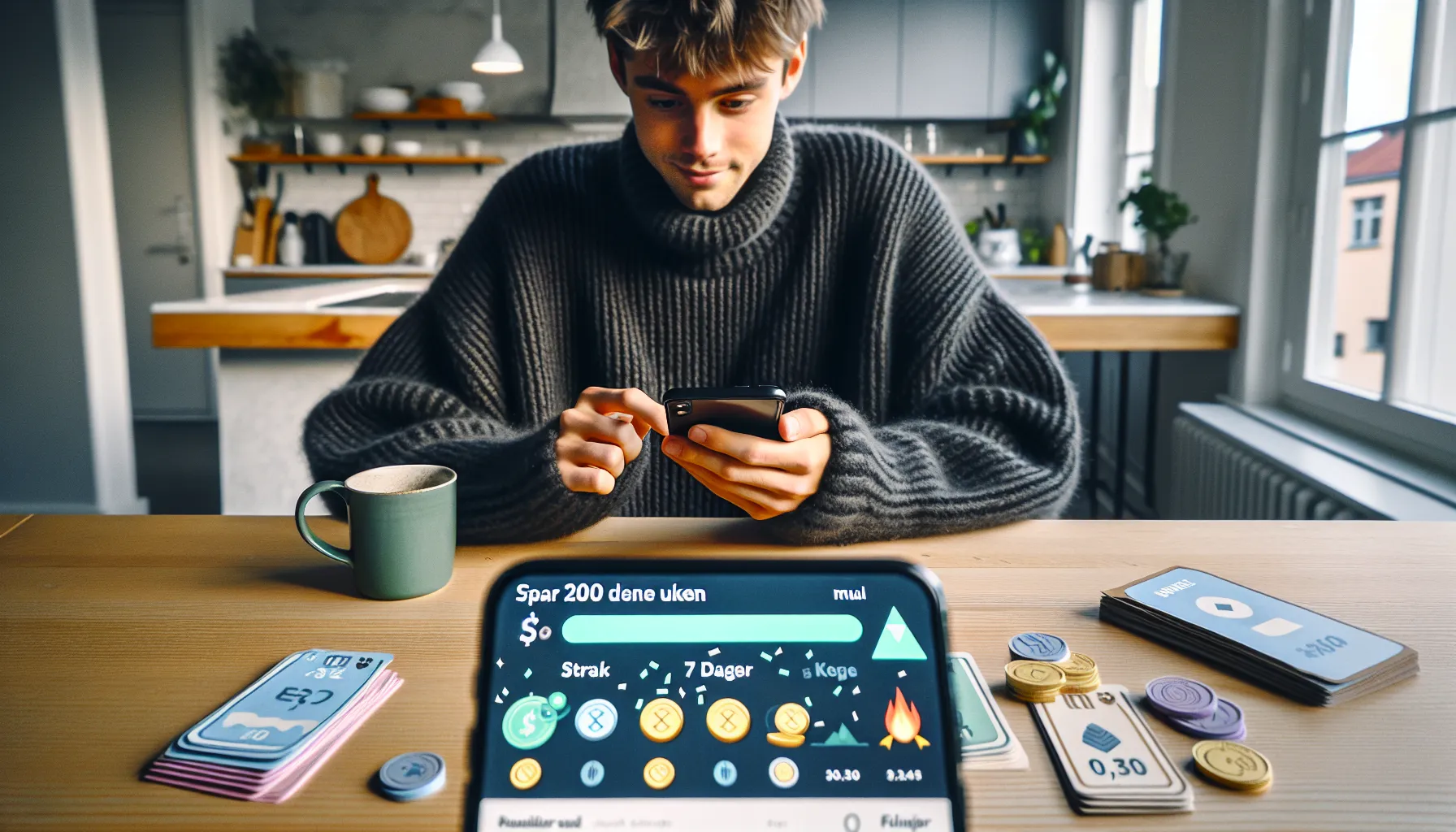 Hvordan kan du bruke gamification for å forbedre økonomisk disiplin? 2 Norwegian adult tracking savings on a gamified finance app at home.