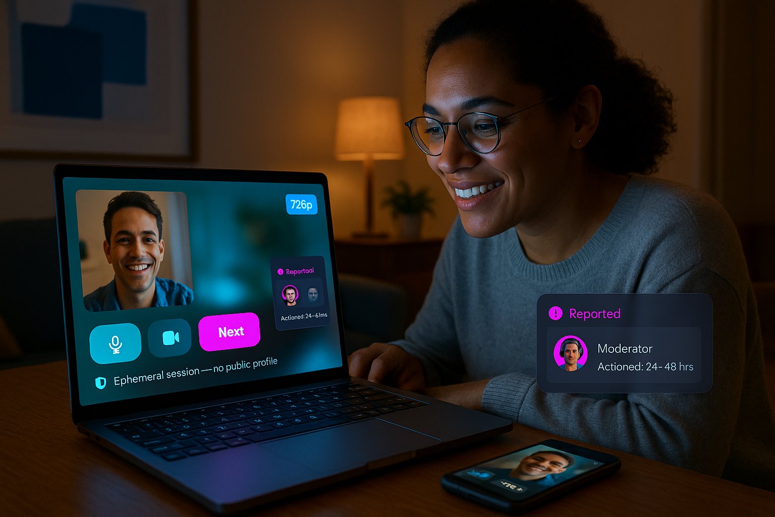 user on laptop in video chat with visible controls, quality, and moderation indicators