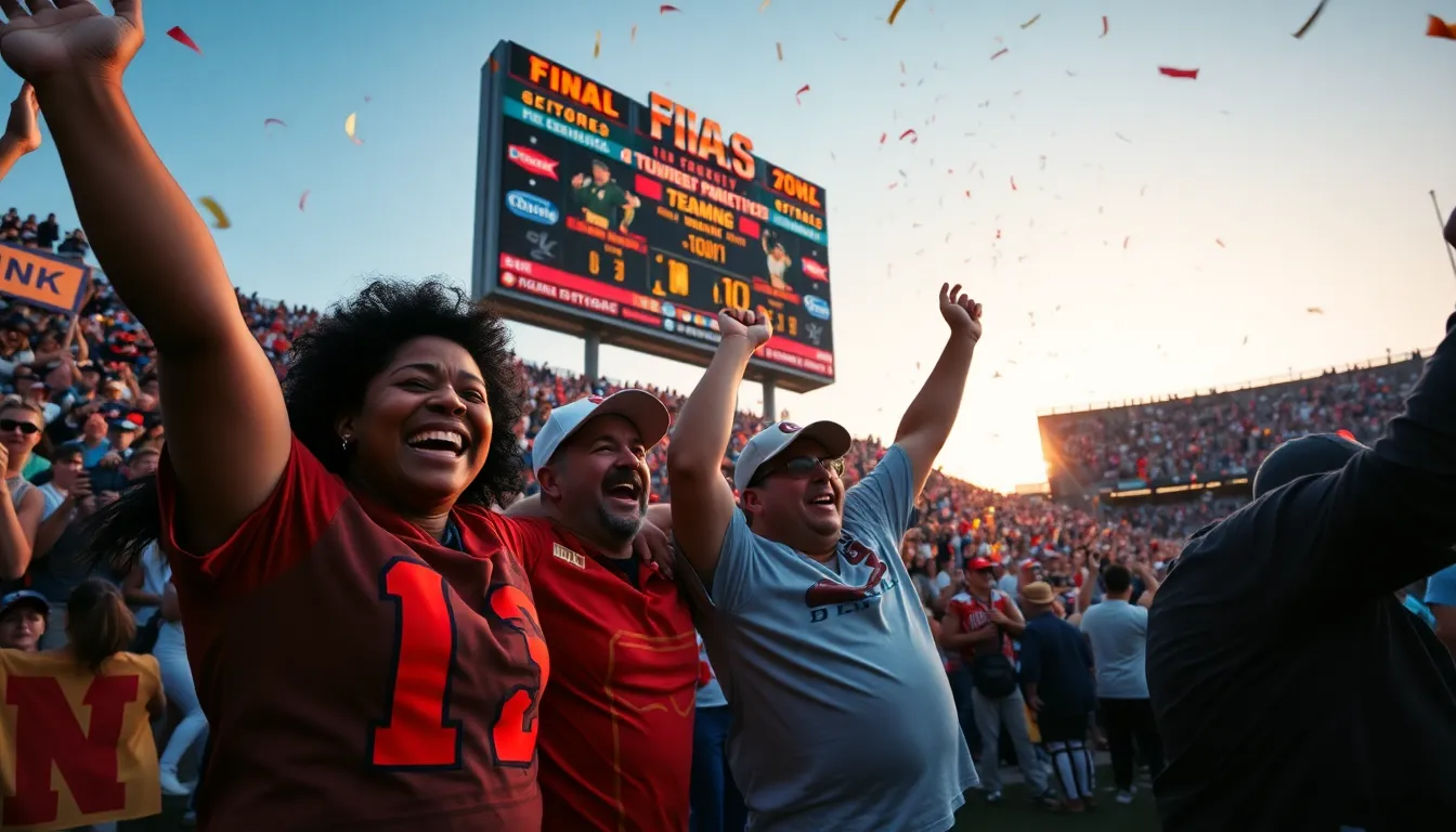 Fans celebrating an unexpected sports victory in a lively stadium.