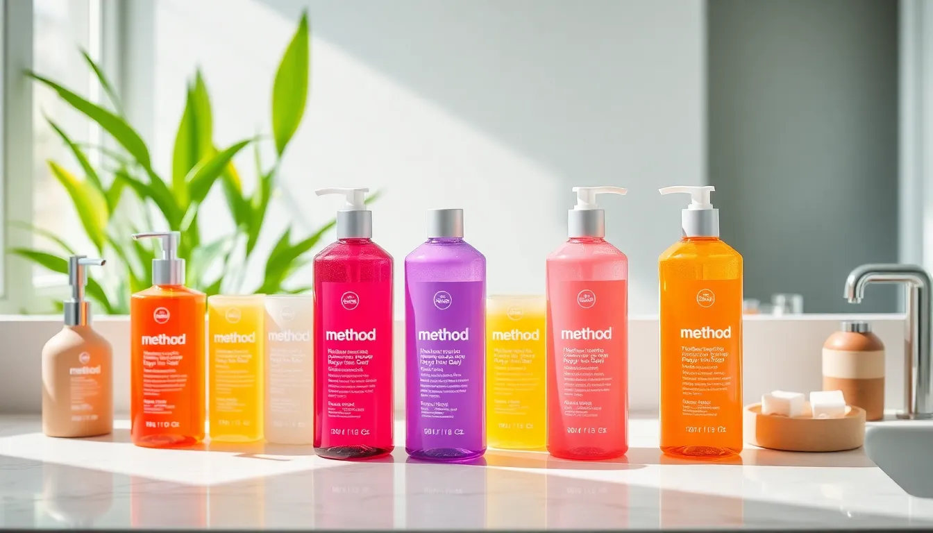 colorful Method body wash bottles in a modern bathroom setting.