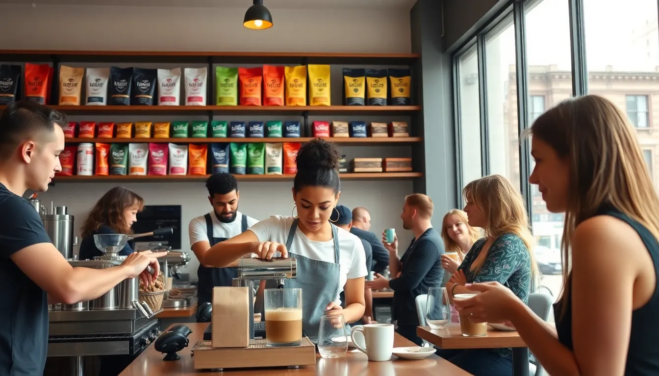 diverse baristas brewing coffee in a bustling Chattanooga cafe.