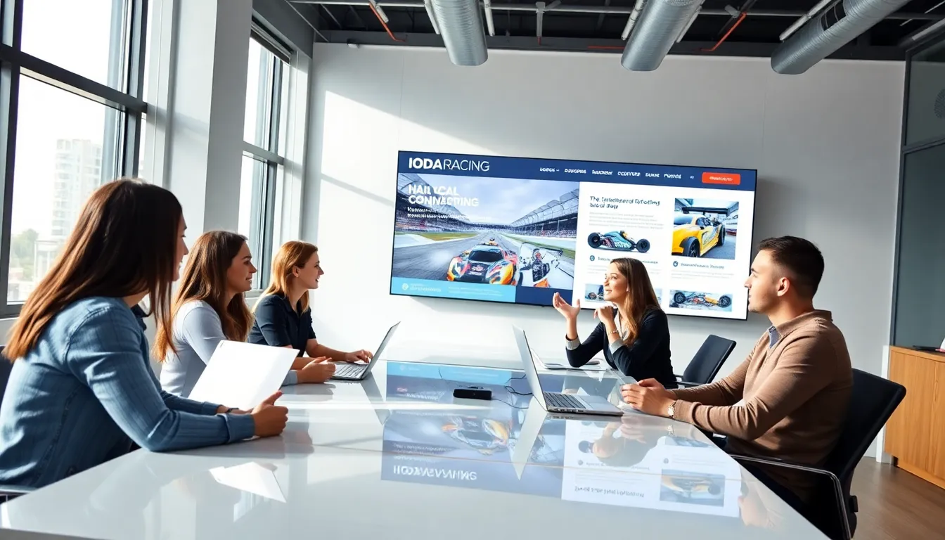 diverse team collaborating in a modern office about IodaRacing's website.