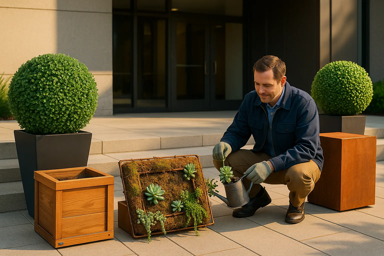 artificial boxwood, corten steel cube, wooden planter, and living frame at an entrance