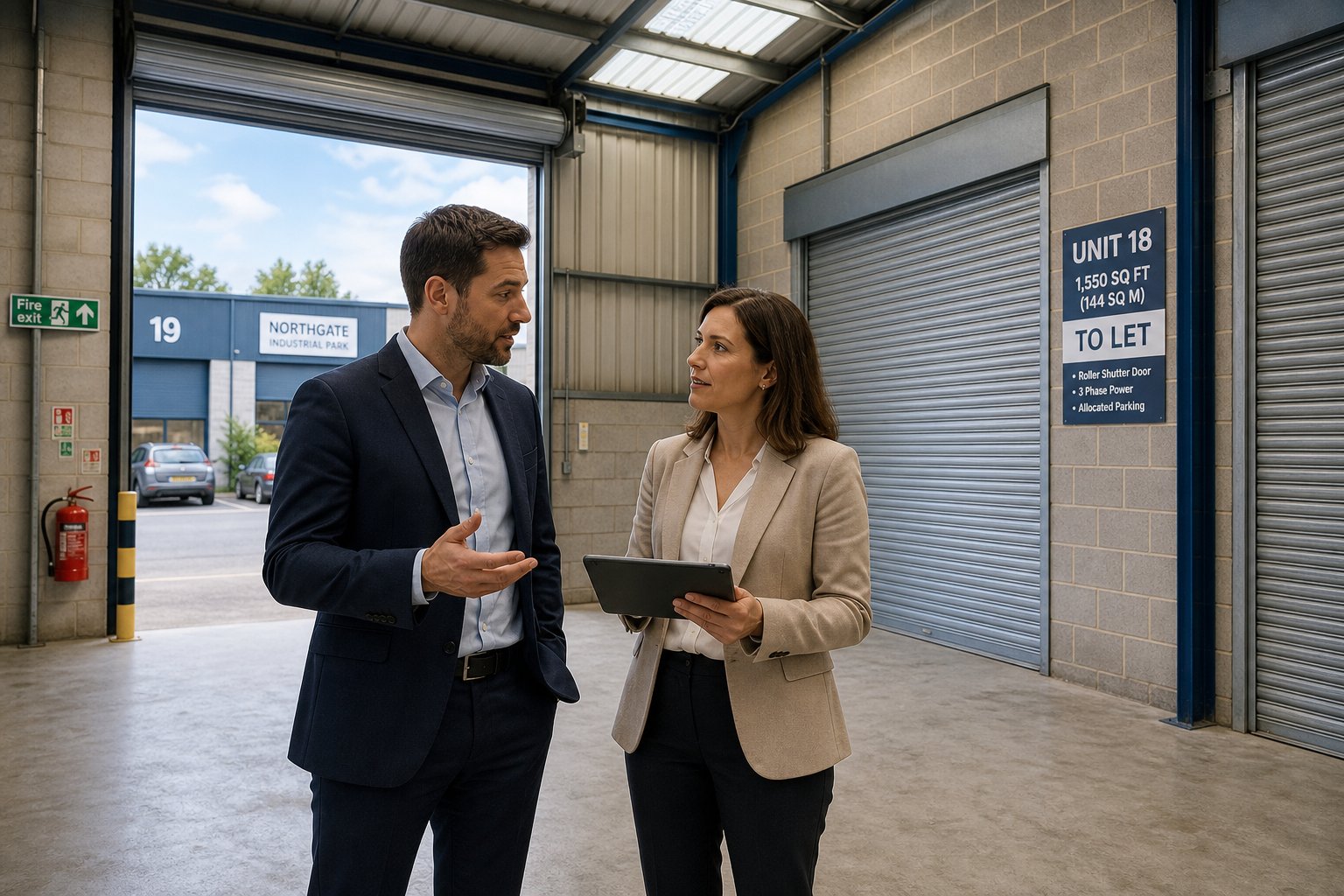Professionals inspecting a small warehouse unit while discussing commercial mortgage financing.