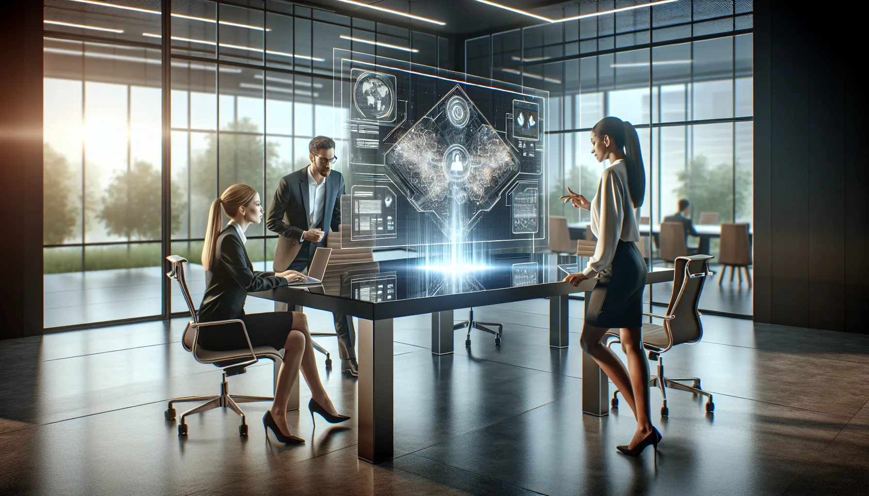 Professionals collaborating around a digital G&T portal interface in a modern office.