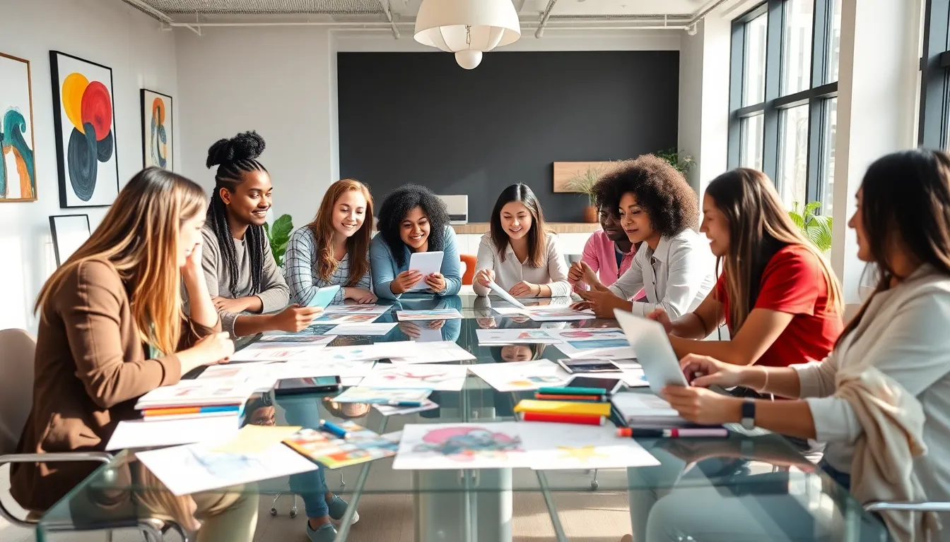 diverse professionals collaborating in a creative workspace.