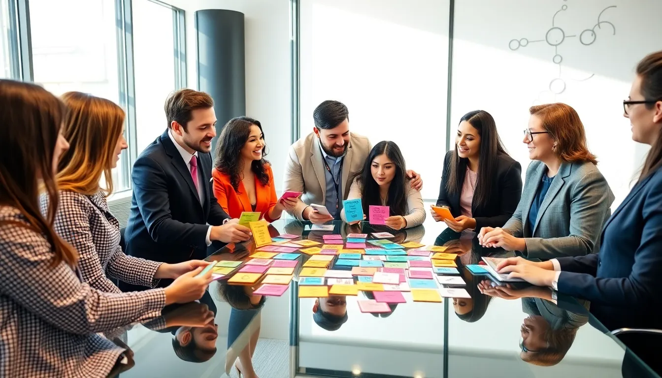 diverse professionals discussing creative thinking cards in a modern office.