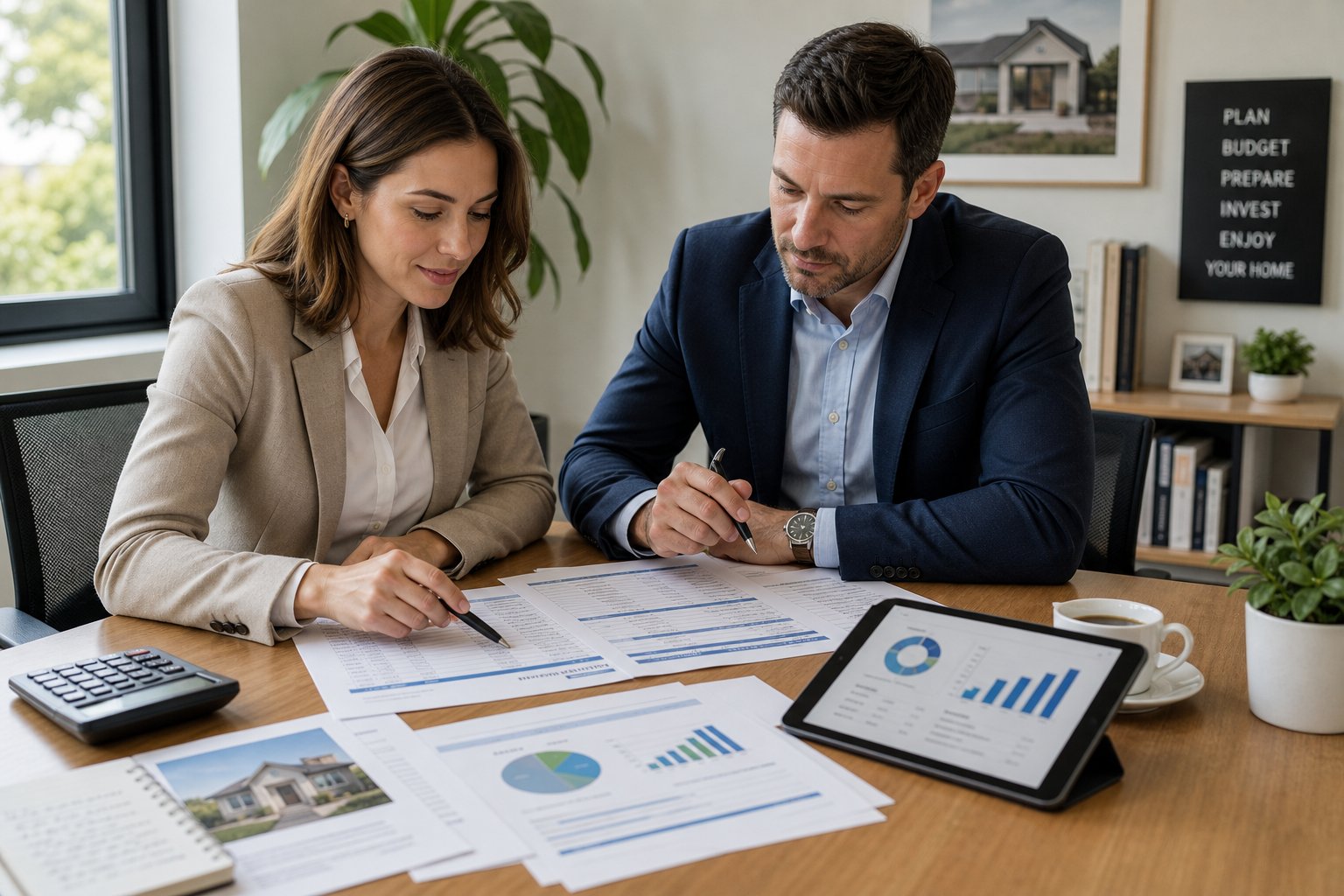 Professionals reviewing repayment figures and costs at an organized office meeting table.