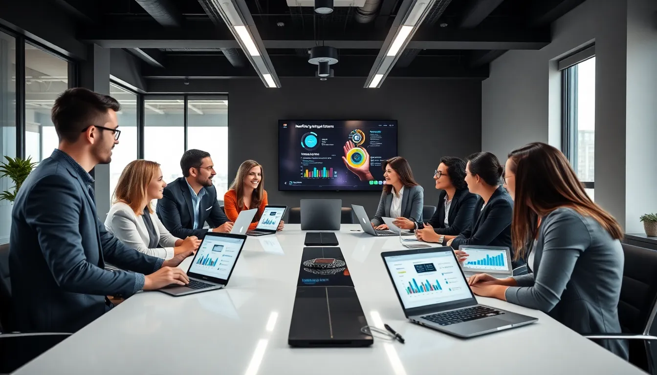 diverse marketing team analyzing digital research tools in a modern office.
