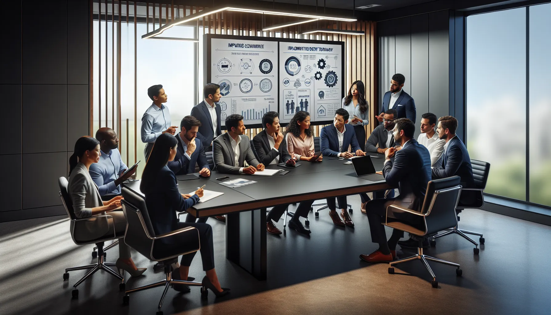 team discussing technology implementation in a modern office.