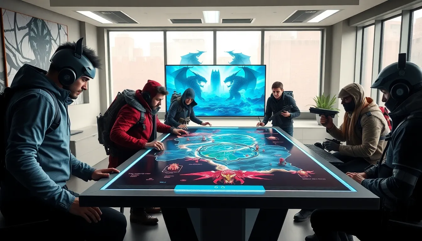 diverse gamers strategizing over a digital map in a modern setting.