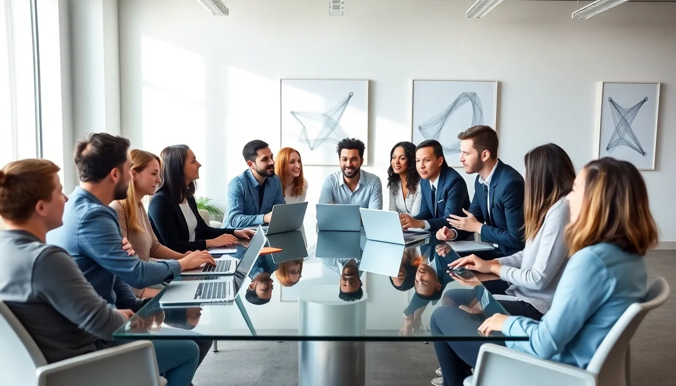 diverse team discussing technology in a modern office.