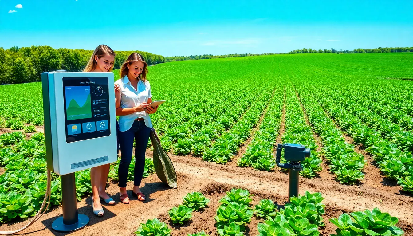 professionals examining smart irrigation technology in a vibrant agricultural field.
