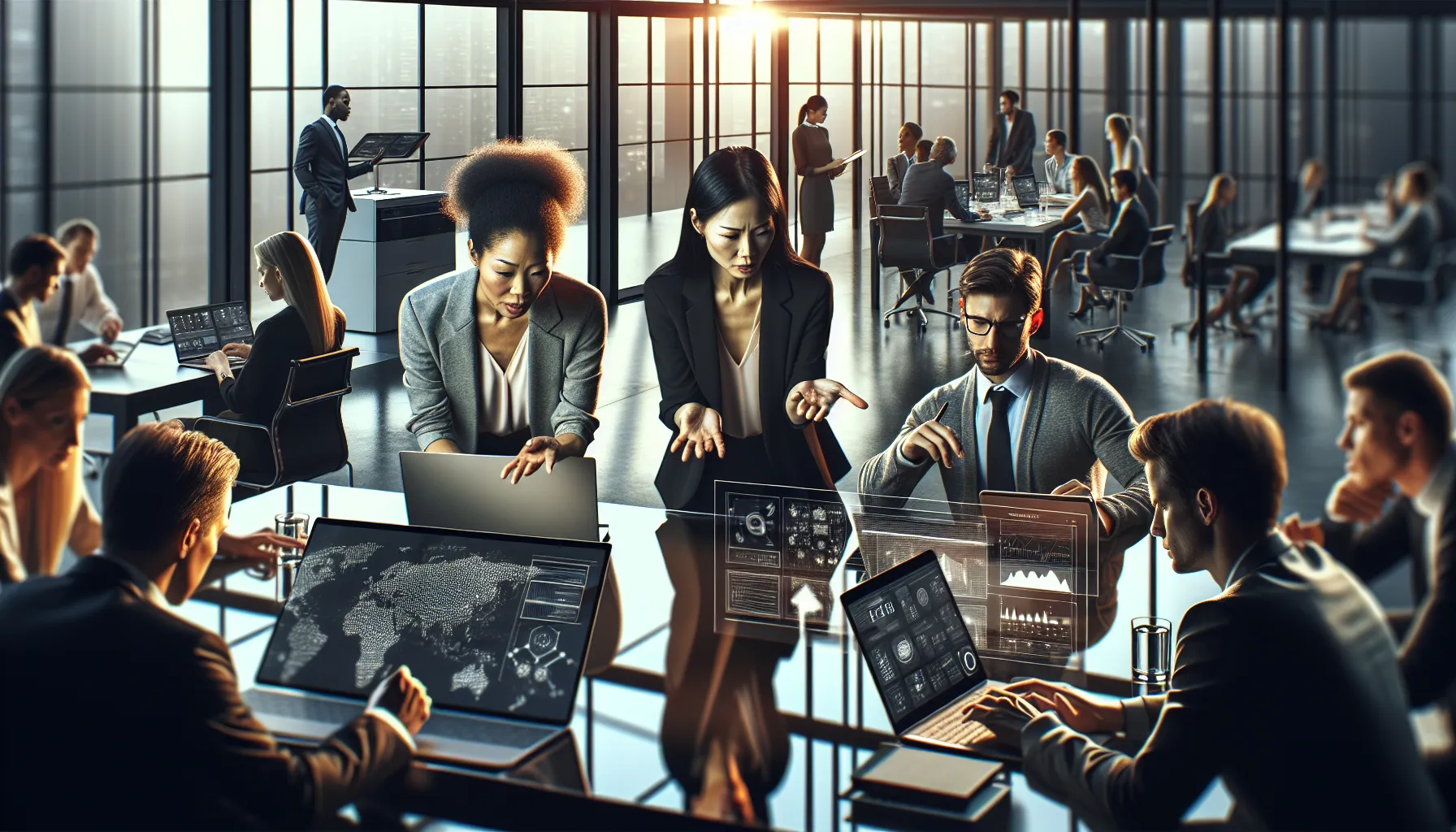 professionals collaborating in a modern office with technology.