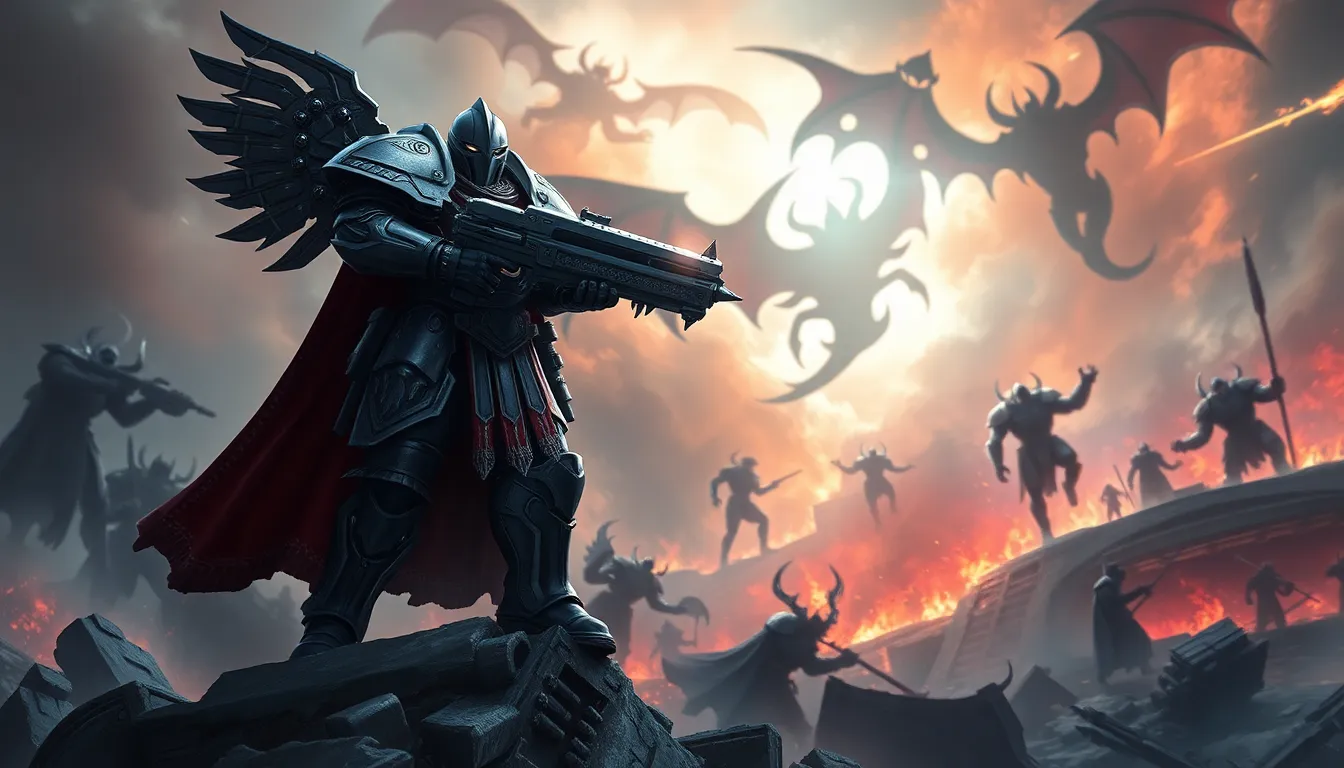 Grey Knights warrior in futuristic armor battling demonic forces.