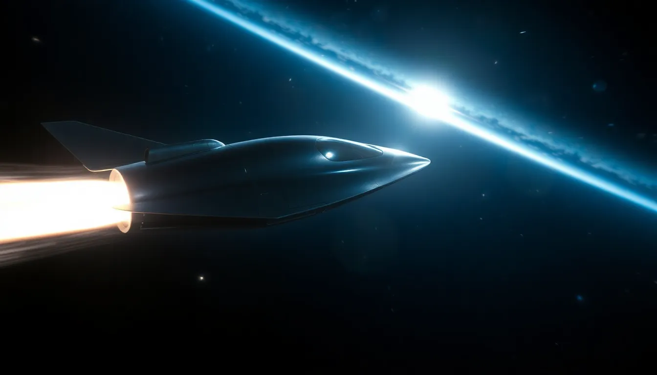 futuristic spacecraft traveling at high speed in space.