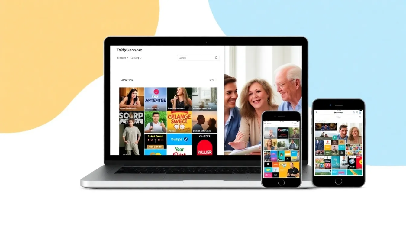 diverse group discussing events on laptops and smartphones.