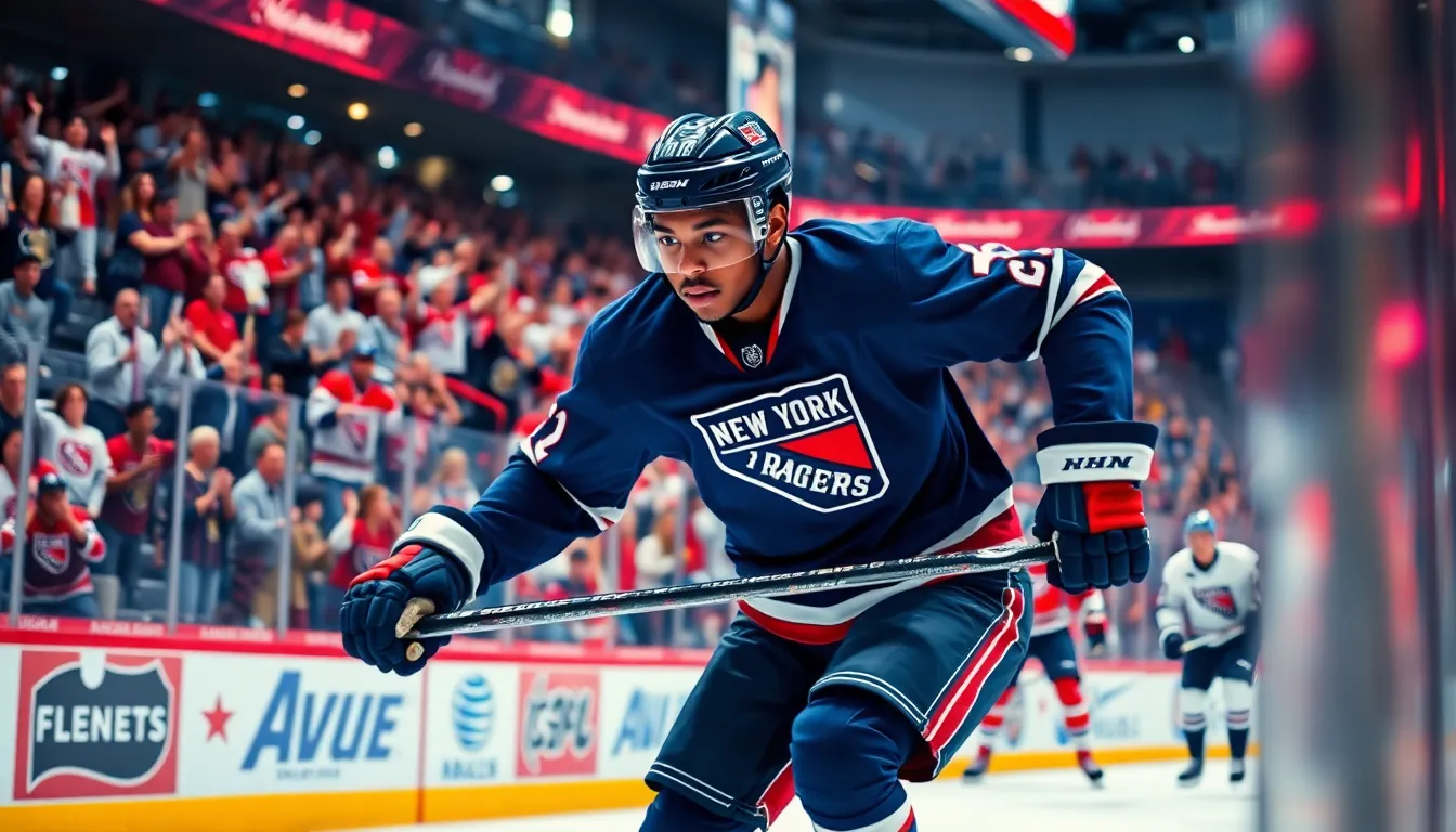 A young hockey player in action, representing the New York Rangers.
