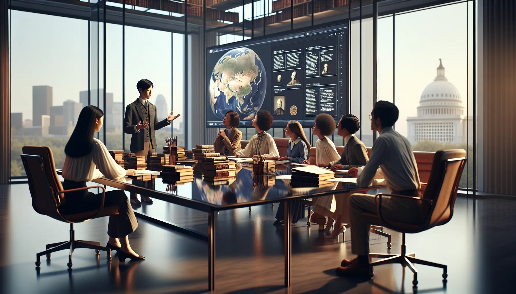 professionals discussing the historical context of Зкфсгоюзд in a conference room.