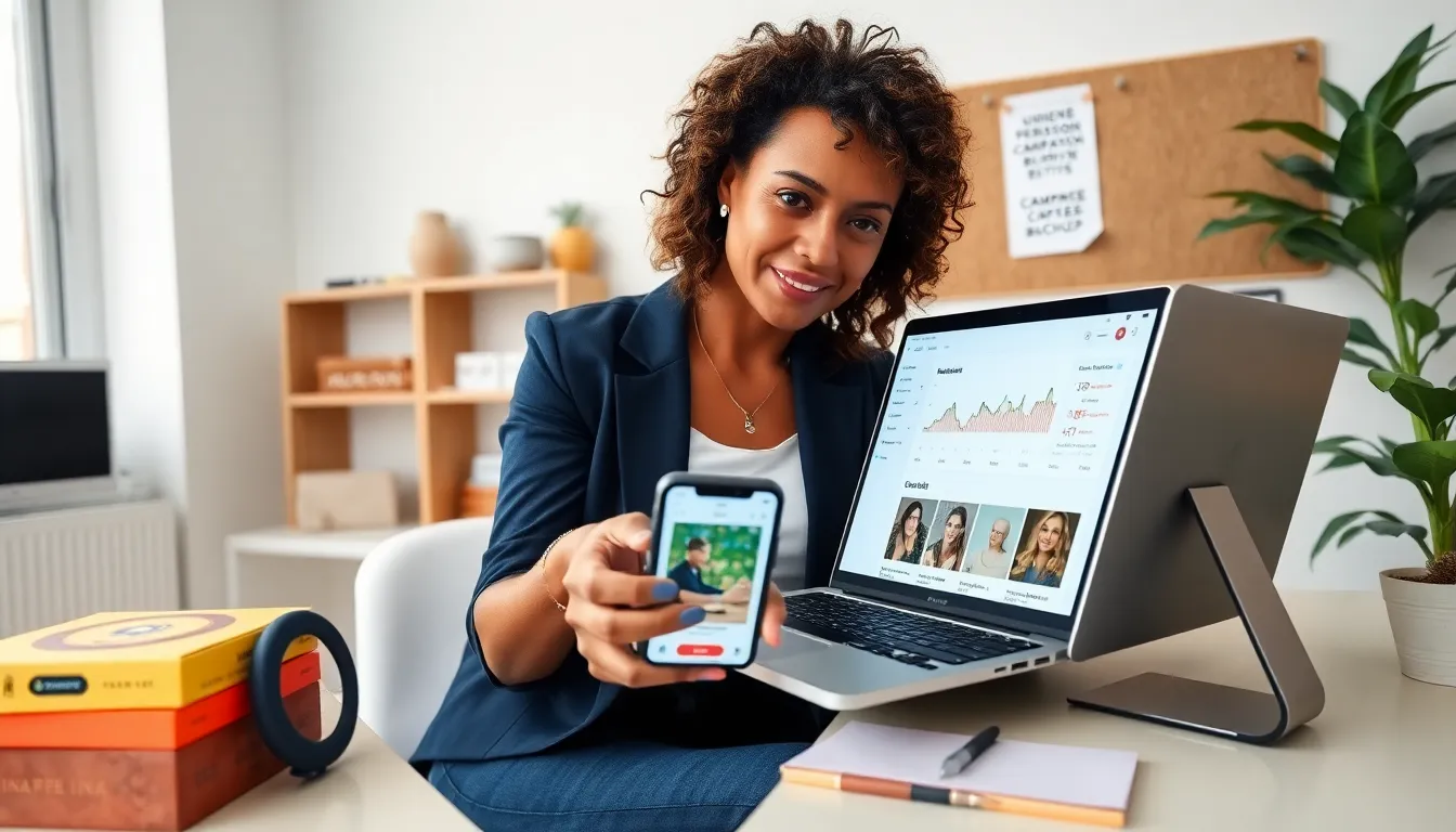 A woman at a desk pointing to an affiliate dashboard on her laptop.