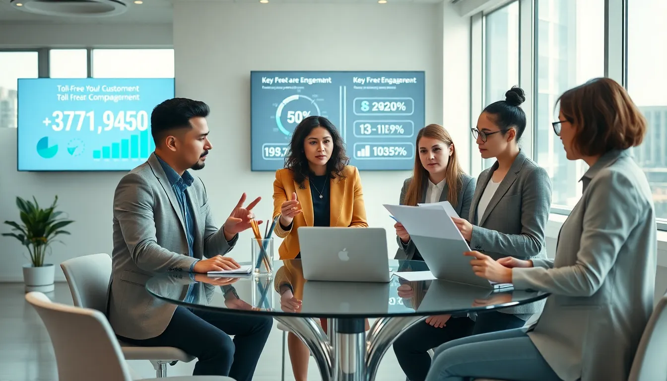 diverse team collaborating in a modern office around a glass table.