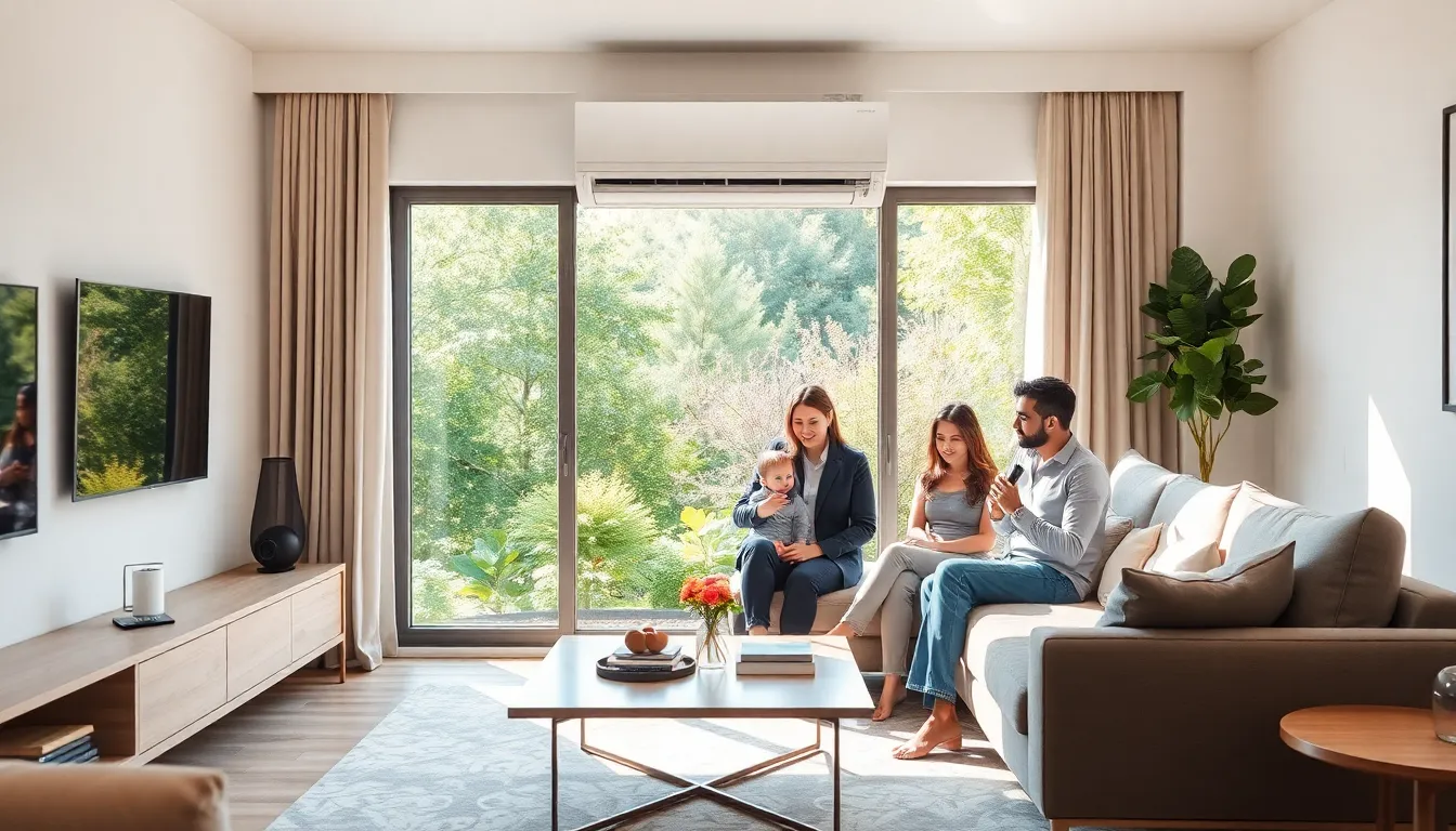 Yex382v3yte air conditioner in a stylish living room with a family.