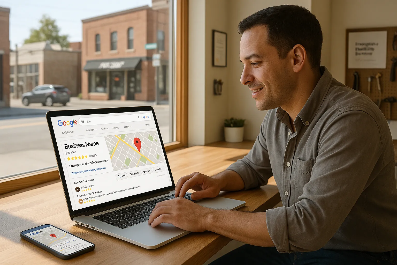Local U.S. business owner optimizes Google Business Profile with map and reviews visible.