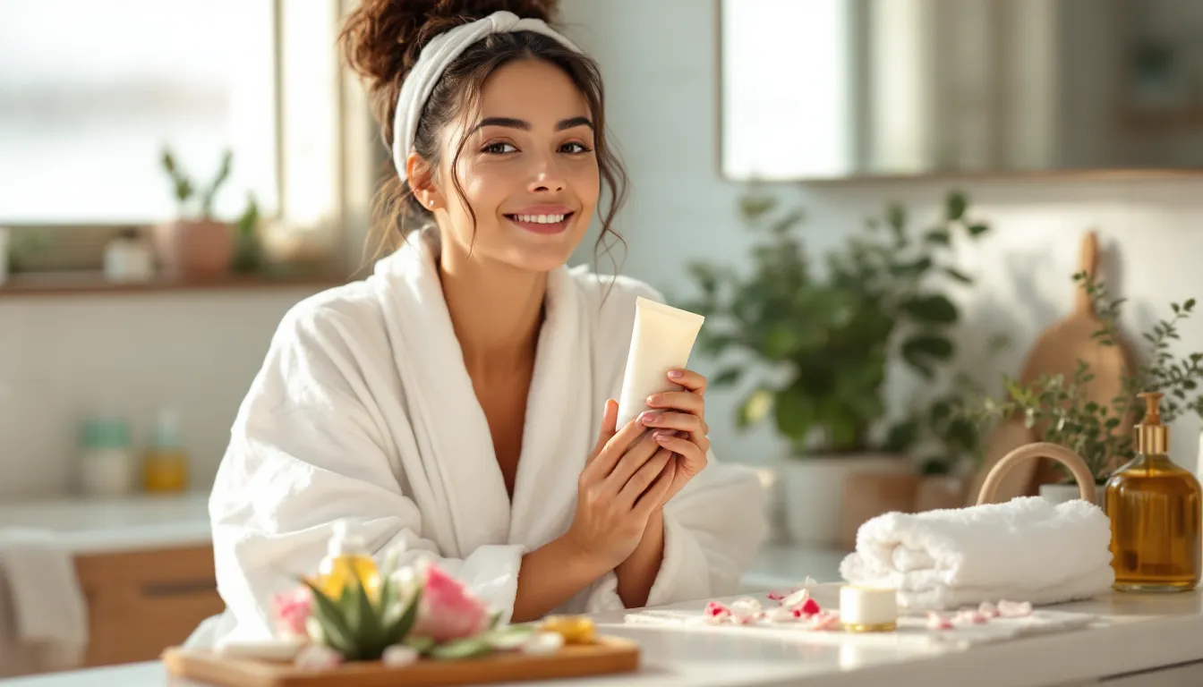 Woman comparing two facial cleansers beside Ayurvedic skincare ingredients in a sunlit bathroom.