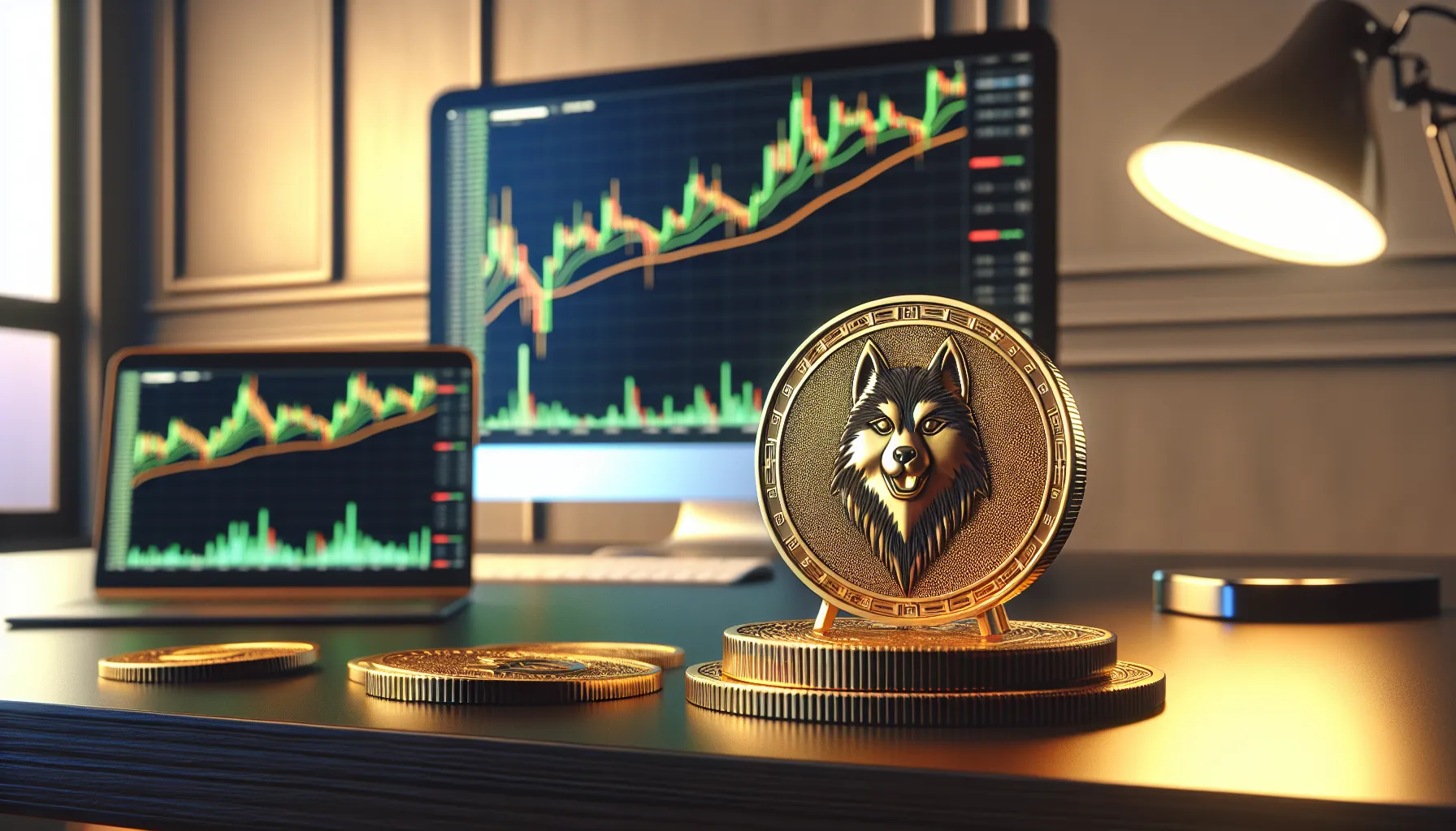 Golden Floki Inu cryptocurrency coin on desk with price charts on computer screen.