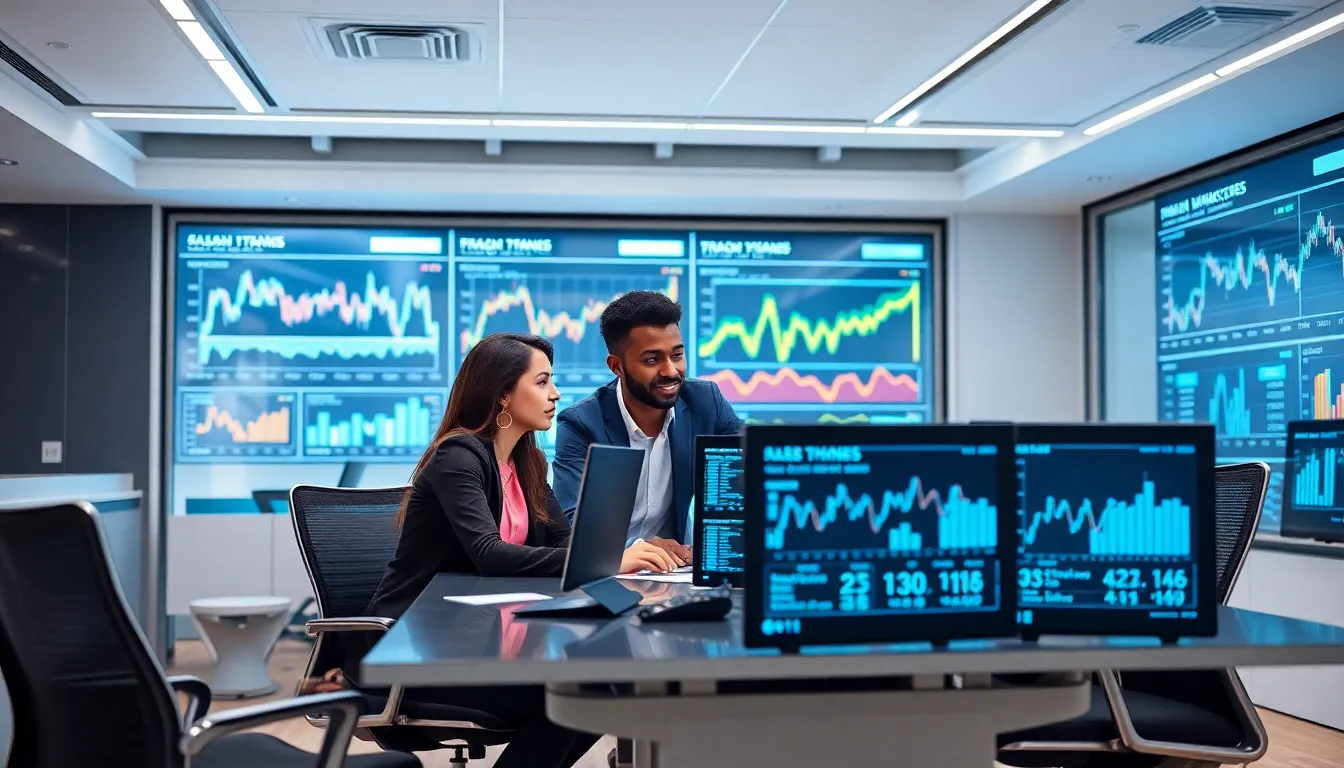 diverse team collaborating on trading software development in a modern office.