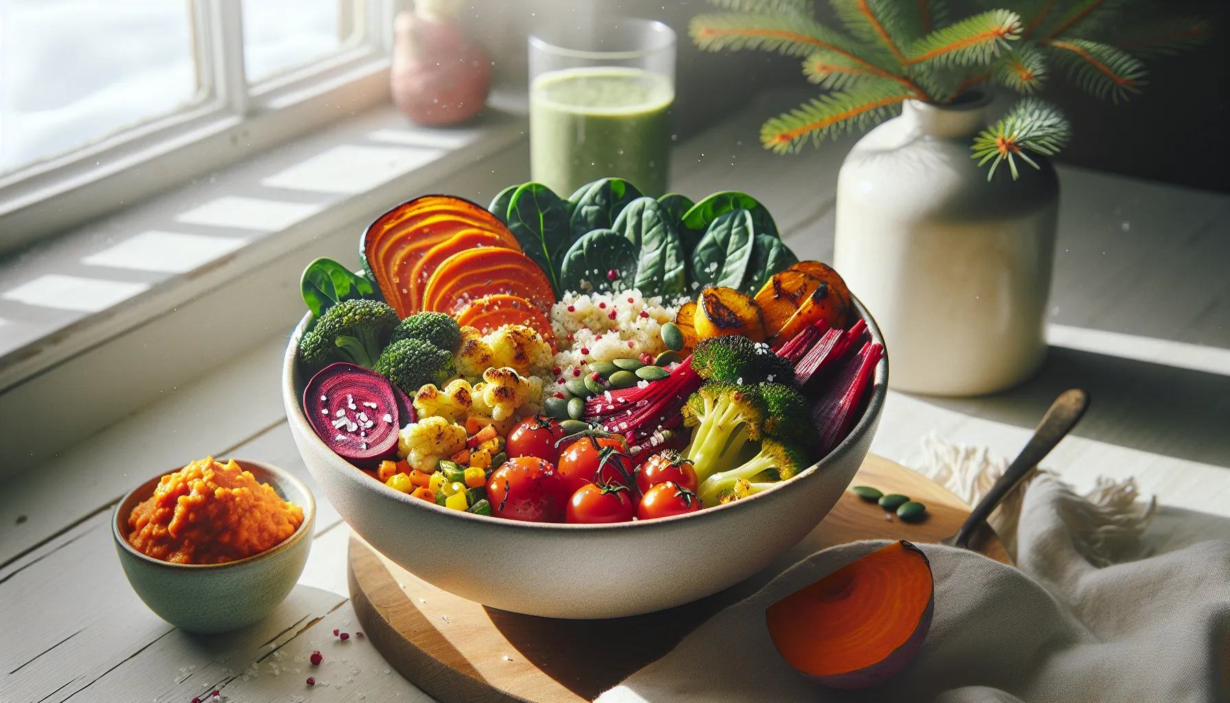 Colorful recovery bowl with norwegian vegetables, smoothie, and post-workout gear on counter.