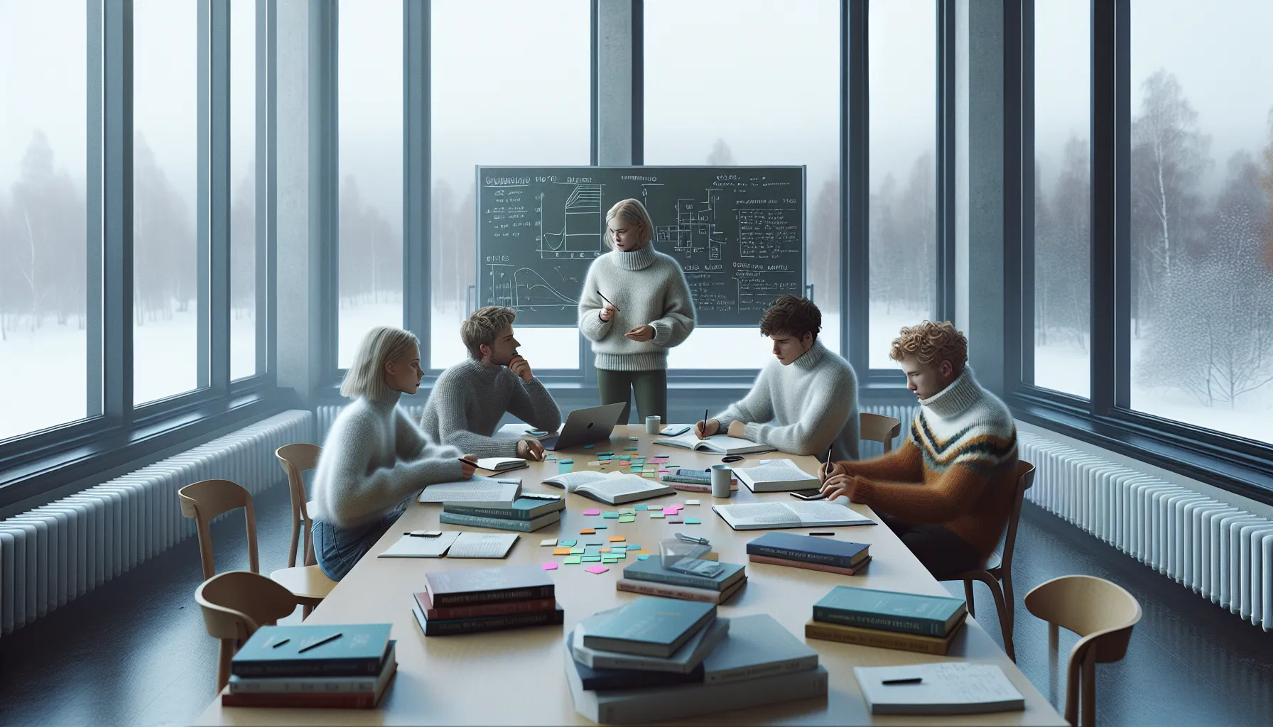 Students in a norwegian study group explaining concepts with notes and whiteboard.