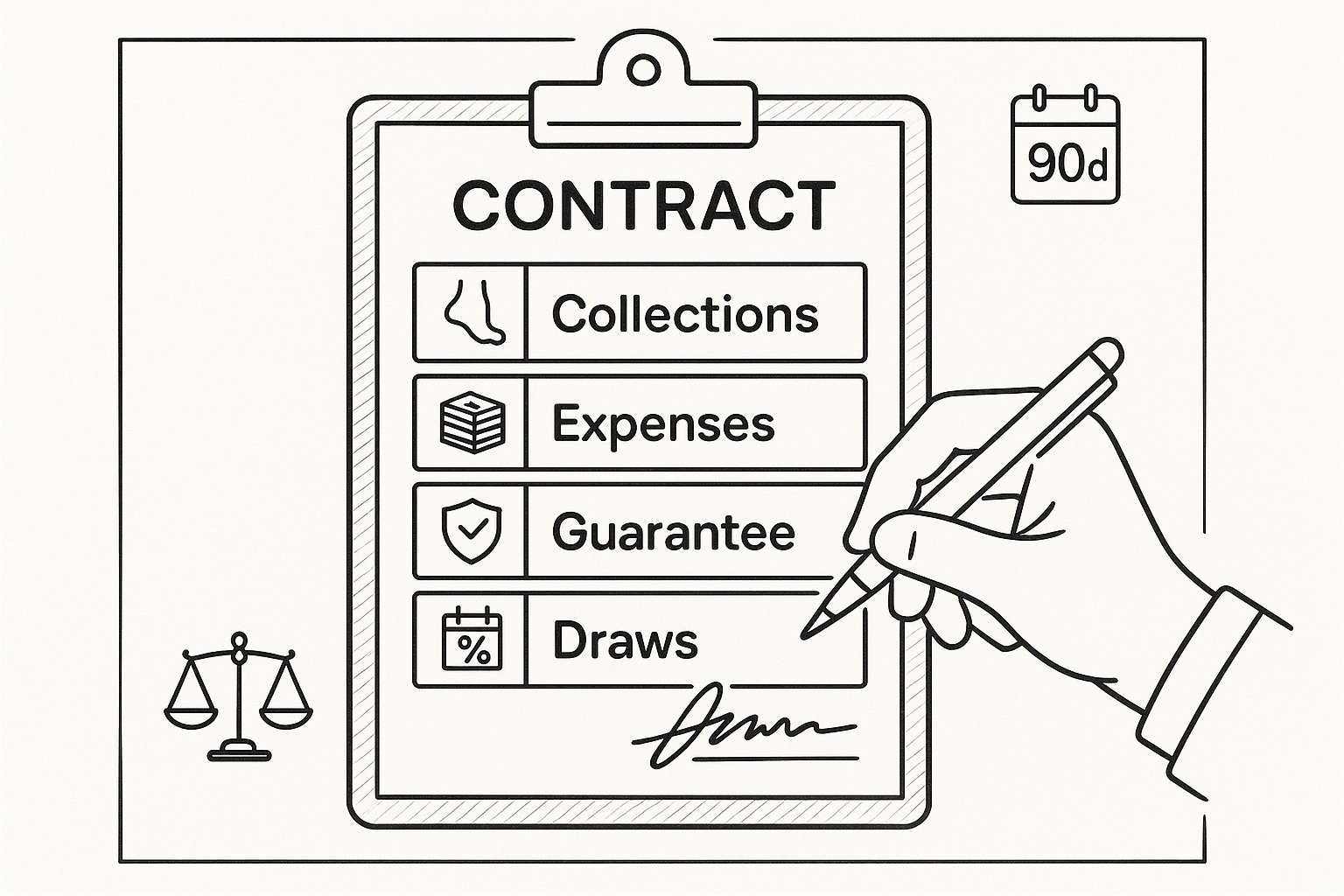 Clipboard contract with foot, dollar, percent icons and hand signing
