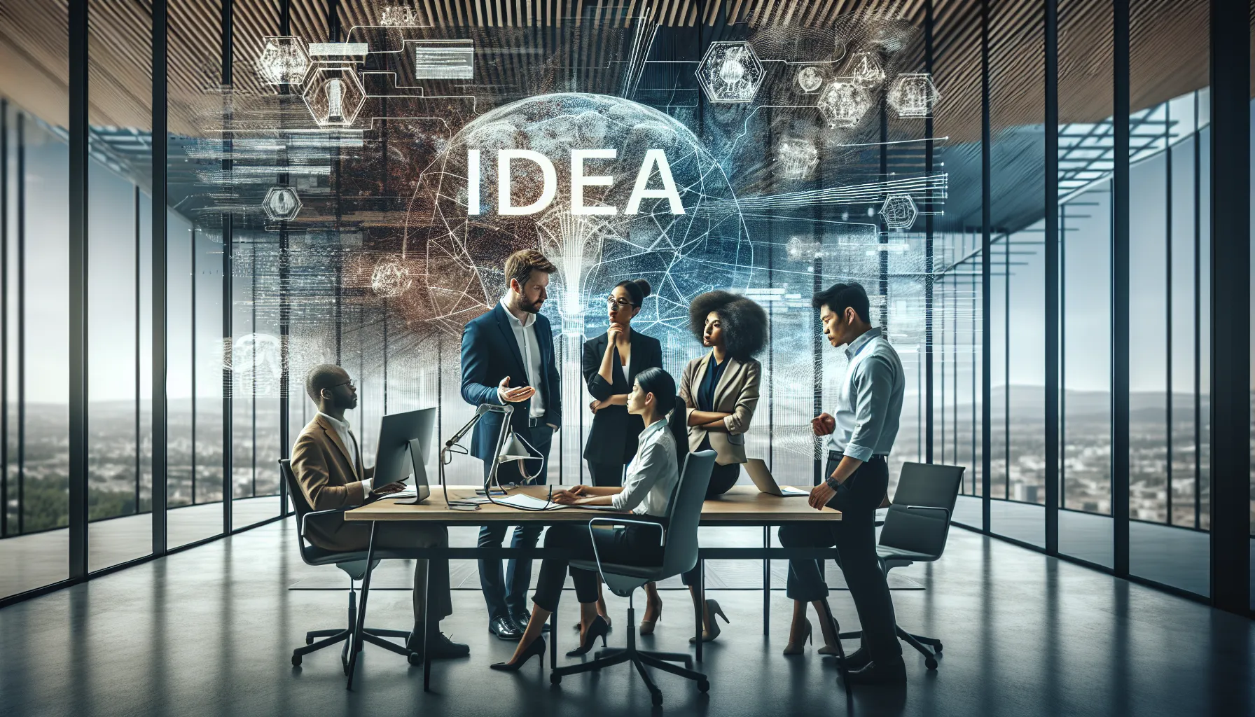 diverse professionals discussing the concept of туцыдфи in a modern office.