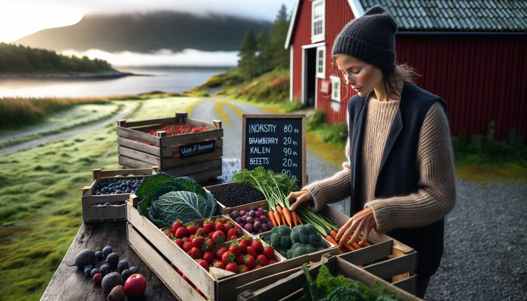 Norwegian farmer arranging dew-fresh local fruit and vegetables at a farm stand.
