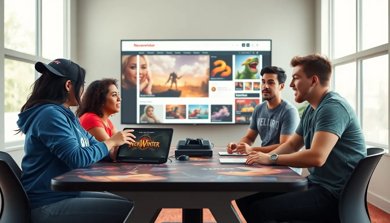 four gamers discussing Neverwinter's Redwebzine content in a modern workspace.