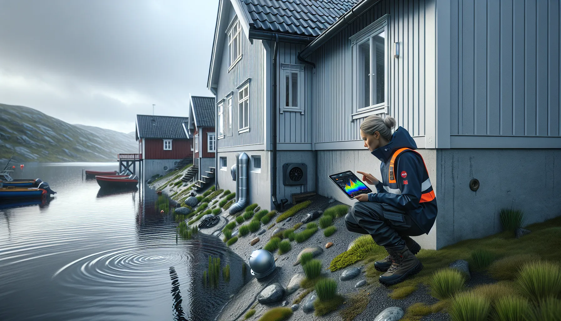 Appraiser checks hillside home drainage as stormy norwegian coast floods below.