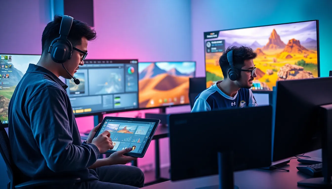 diverse gamers using New World gaming tools in a modern setup.