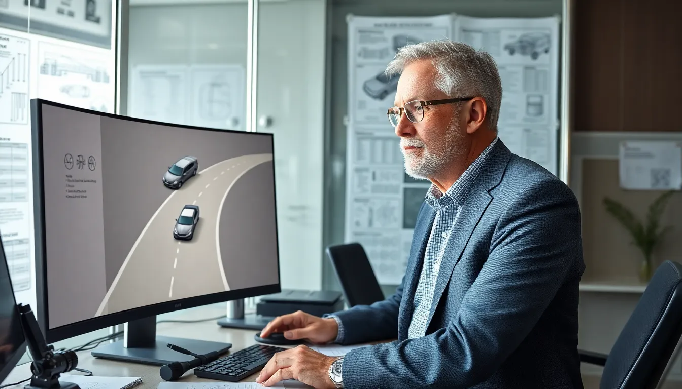 Accident reconstruction expert analyzing 3D simulation in a modern office.