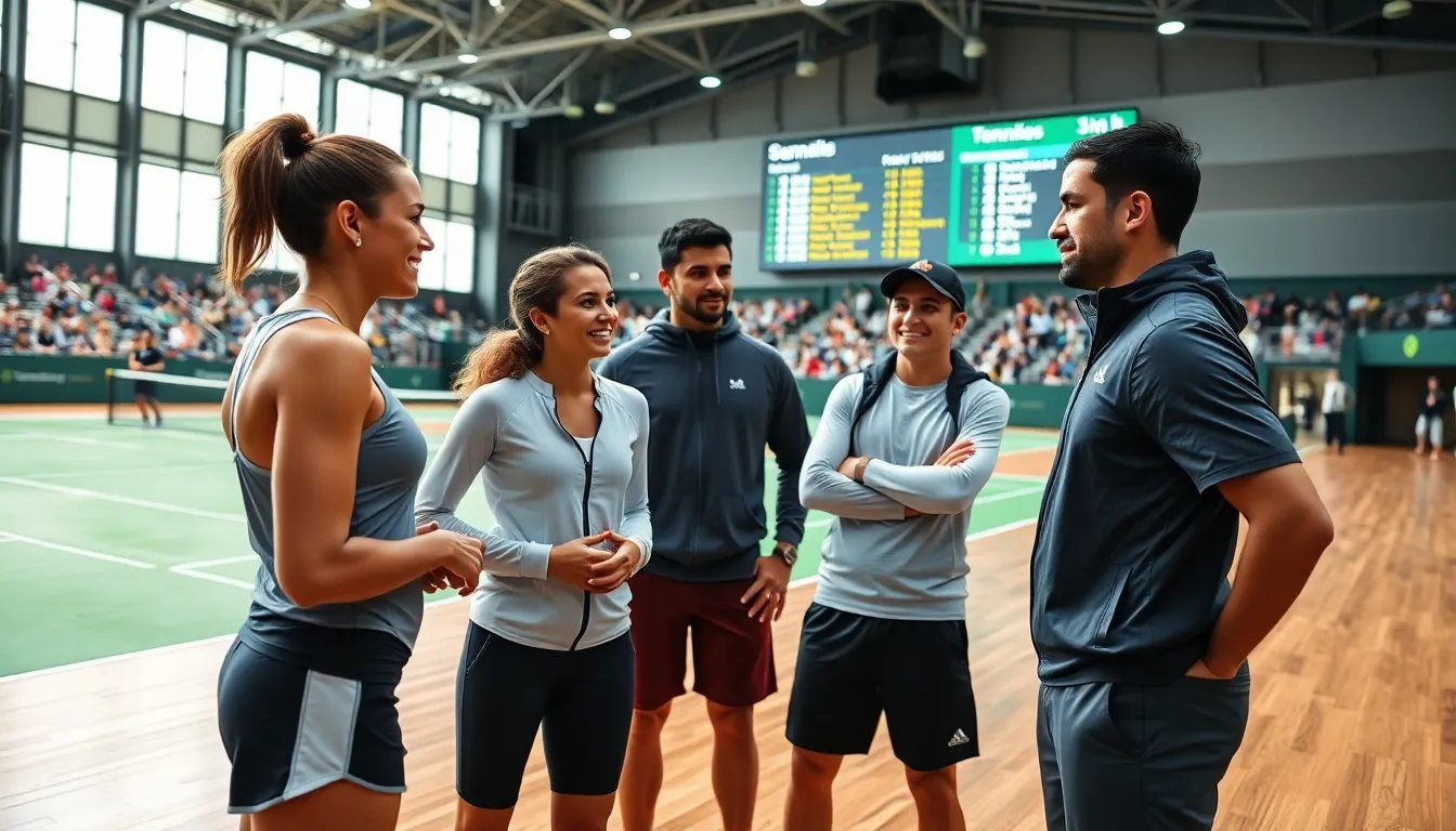 tennis players discussing their recent tournament performances at a modern facility.
