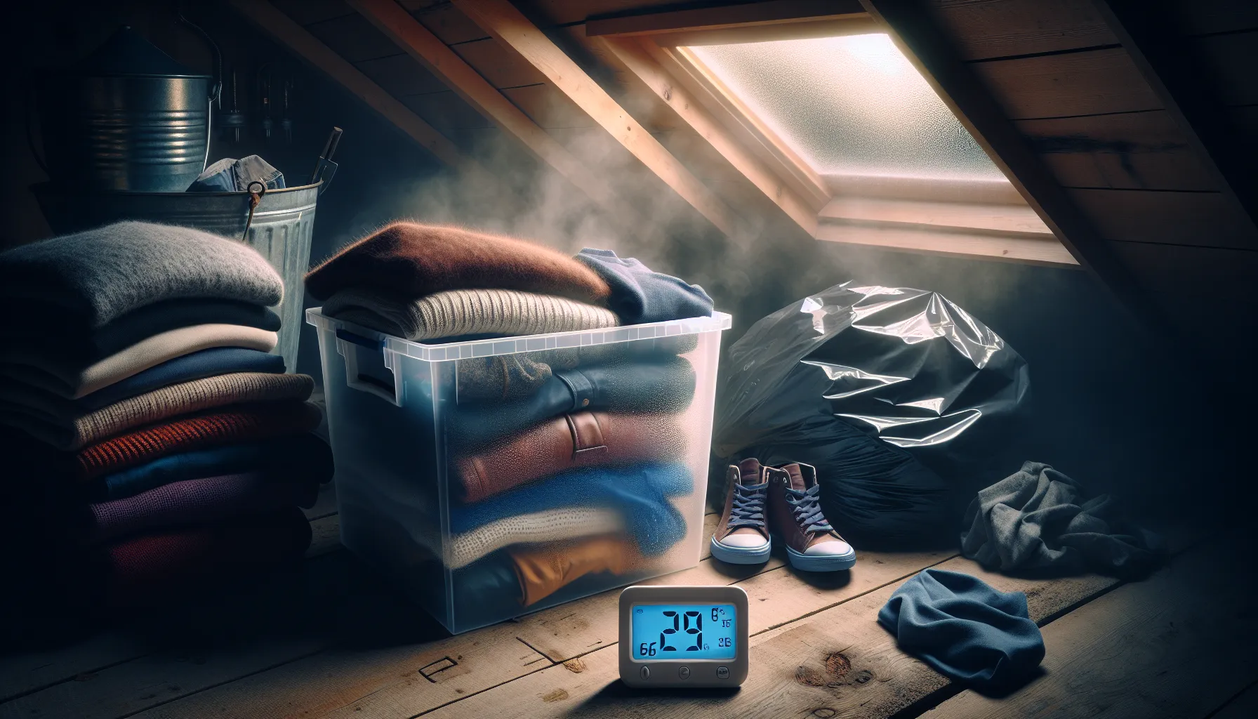 Condensation-filled storage box of mixed clothes in a damp norwegian attic.