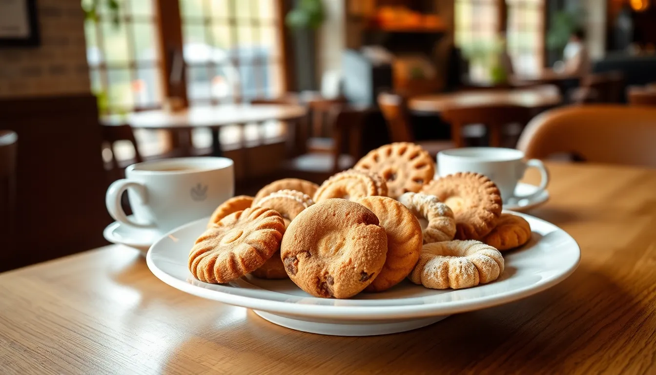 assortment of Dutch cookies with coffee in a cozy café setting.