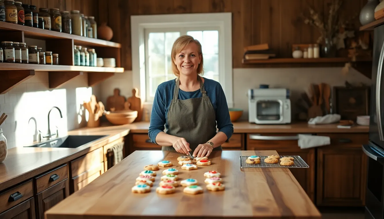Kelly Griffin decorating cookies in a cozy kitchen.