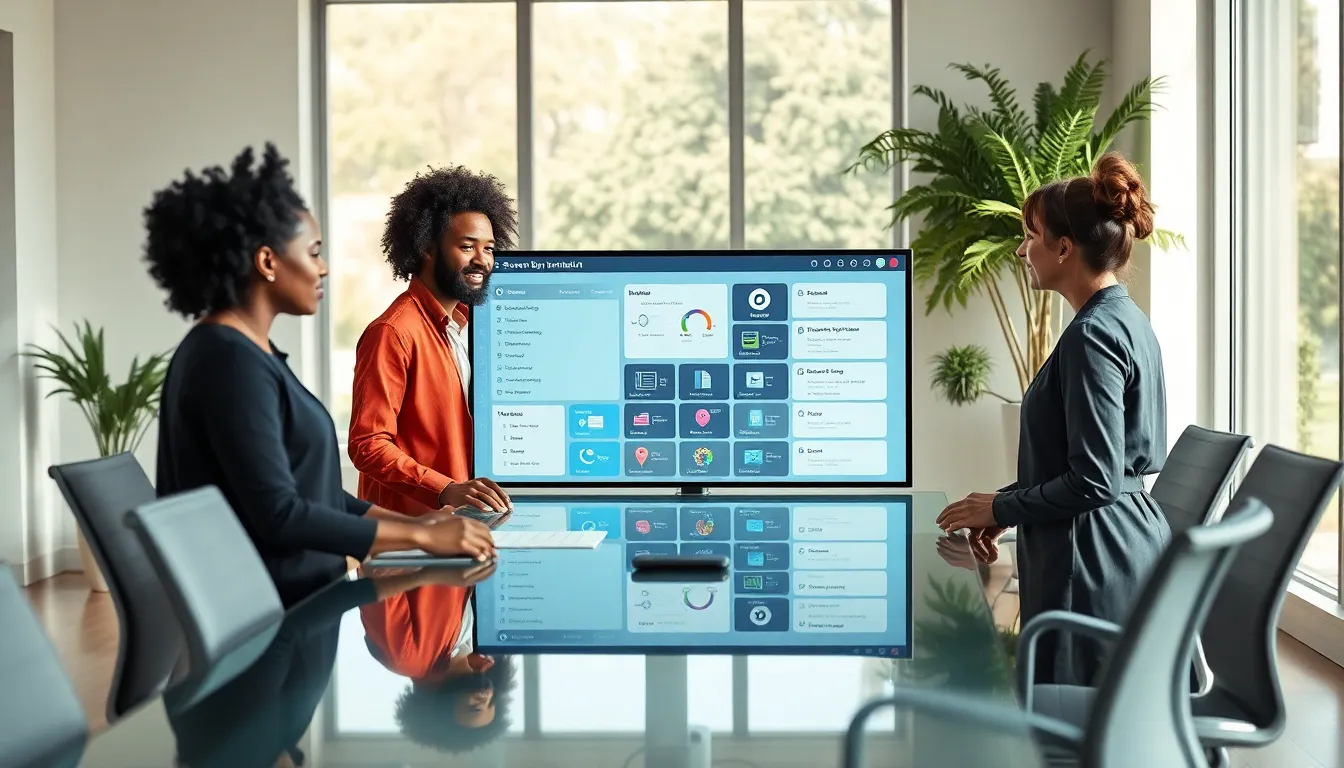 diverse team collaborating around a digital networking platform in a modern office.