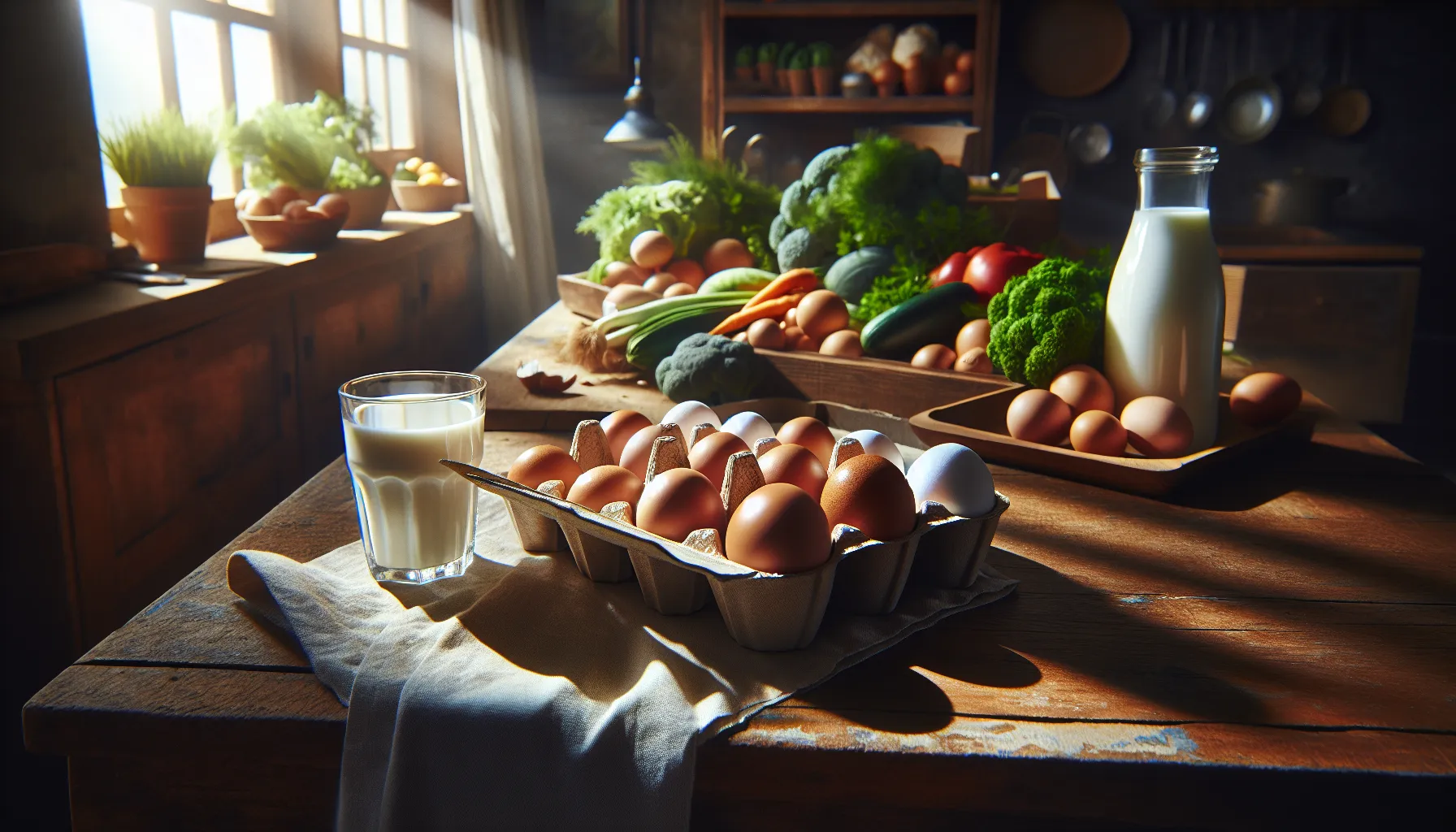 fresh eggs and a glass of milk on a kitchen table.