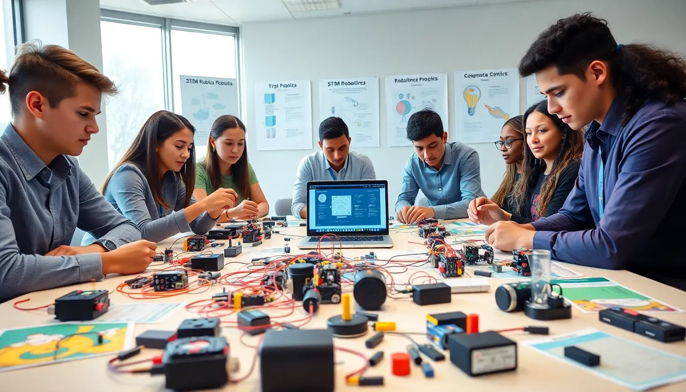 Students collaborating on building a STEM robotics kit in a bright classroom.