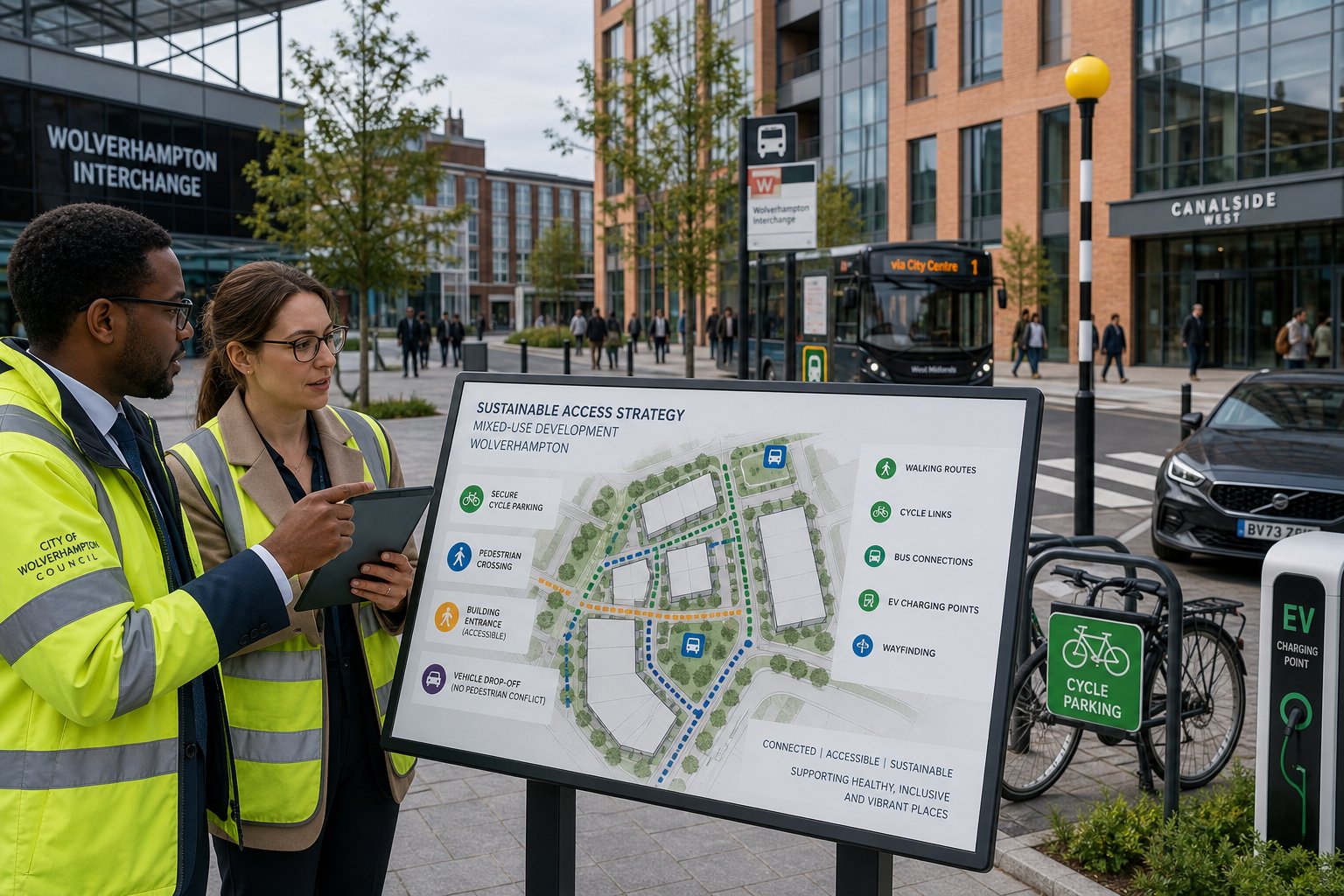 Traffic engineer reviewing sustainable travel plan for a modern Wolverhampton development.