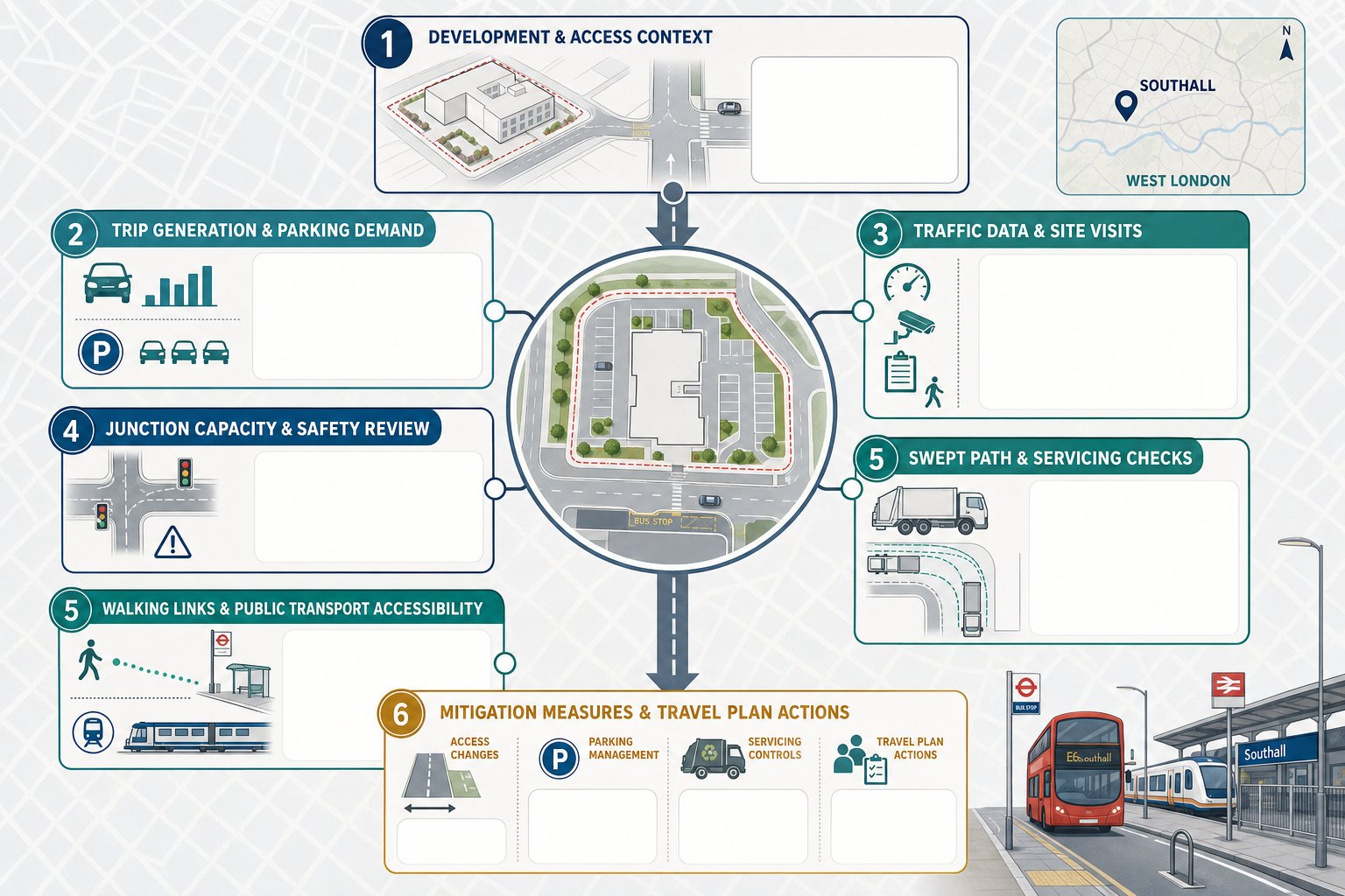 traffic planning application process infographic for a development site in Southall