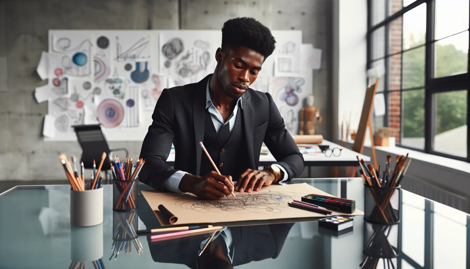 artist sketching outlines in a modern creative workspace.
